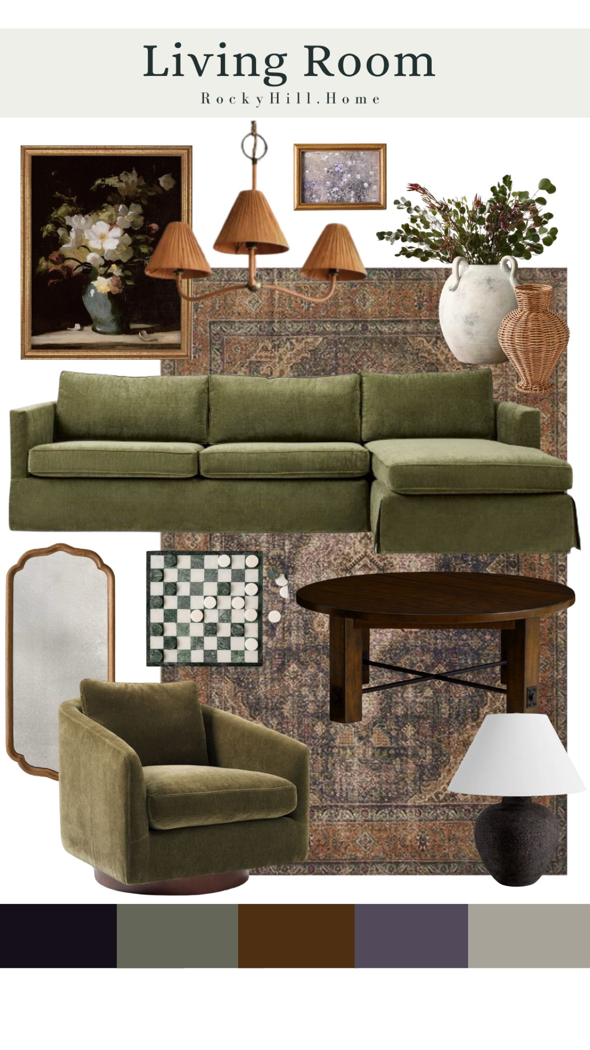 A sophisticated eclectic living room mood board featuring a green and purple color palette. West Elm chaise lounge sectional, green swivel chair, purple rug, checkerboard, pottery barn round coffee table, black table lamp, vintage framed art, and a rattan chandelier from Anthropologie

#LTKFindsUnder100 #LTKHome #LTKStyleTip