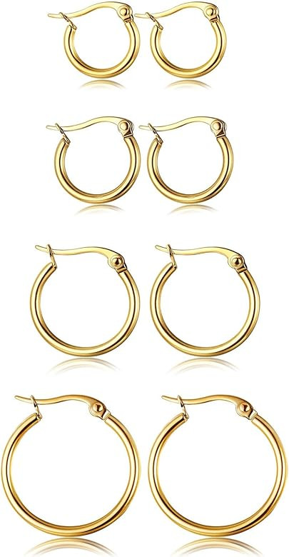 ORAZIO 4 Pairs Stainless Steel Hoop Earrings Set Cute Huggie Earrings for Women,10MM-20MM | Amazon (US)