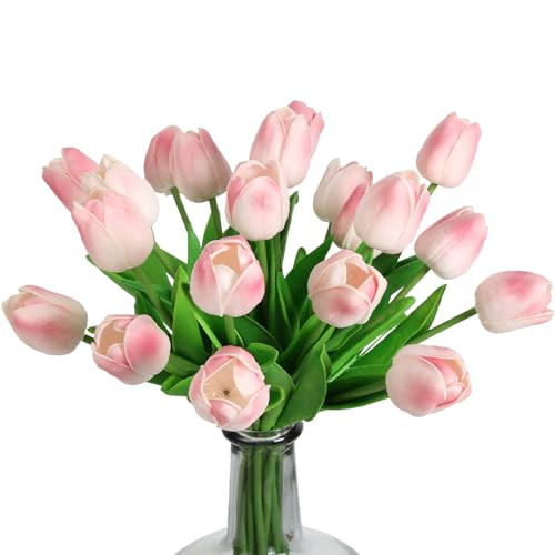 IPOPU Pink Tulips Artificial Flowers 24PCS Real Touch Tulips Baby Pink Flowers Blush for Home Decoration Wedding Bouquet Party Baby Shower Centerpieces Bridal Bouquet Decor (Pink) | Amazon (US)