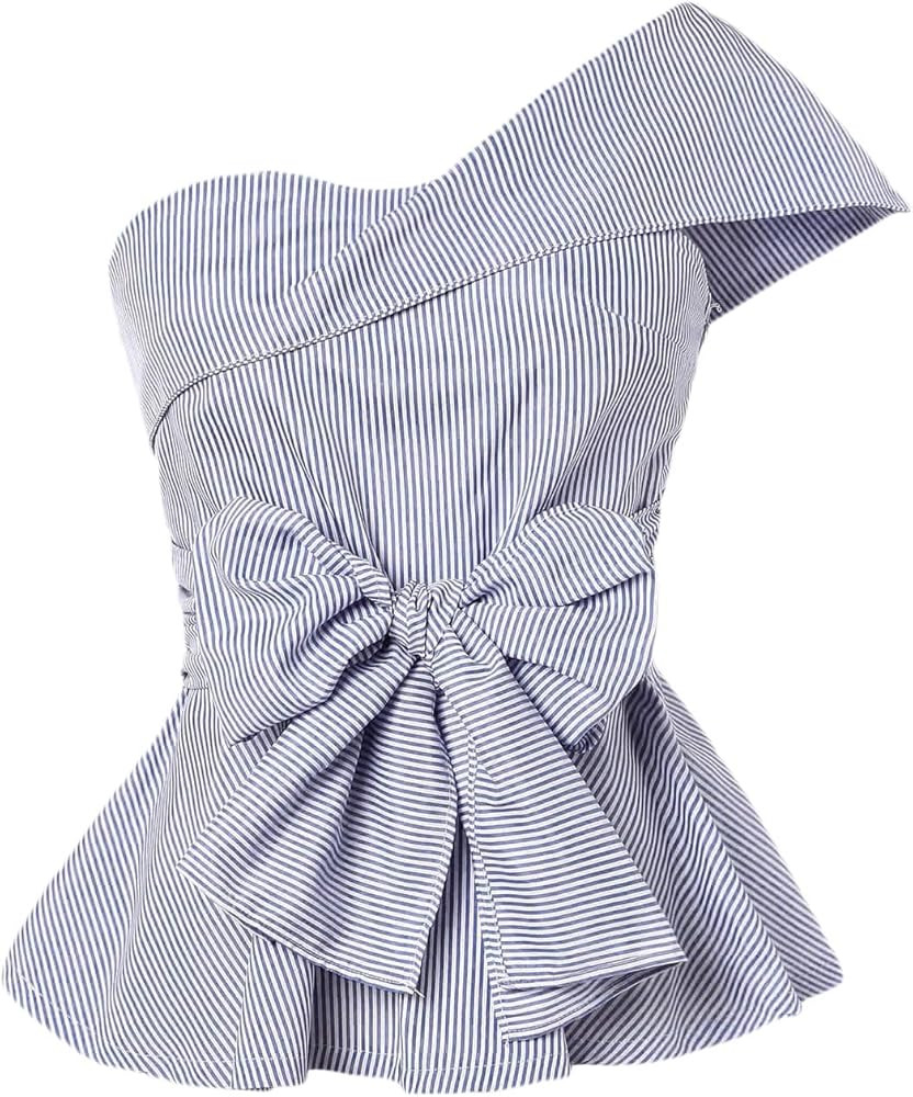 Romwe Women's Summer Slim Fit Striped Foldover One Shoulder Bow Tie Front Cap Sleeve Peplum Ruffle T | Amazon (US)