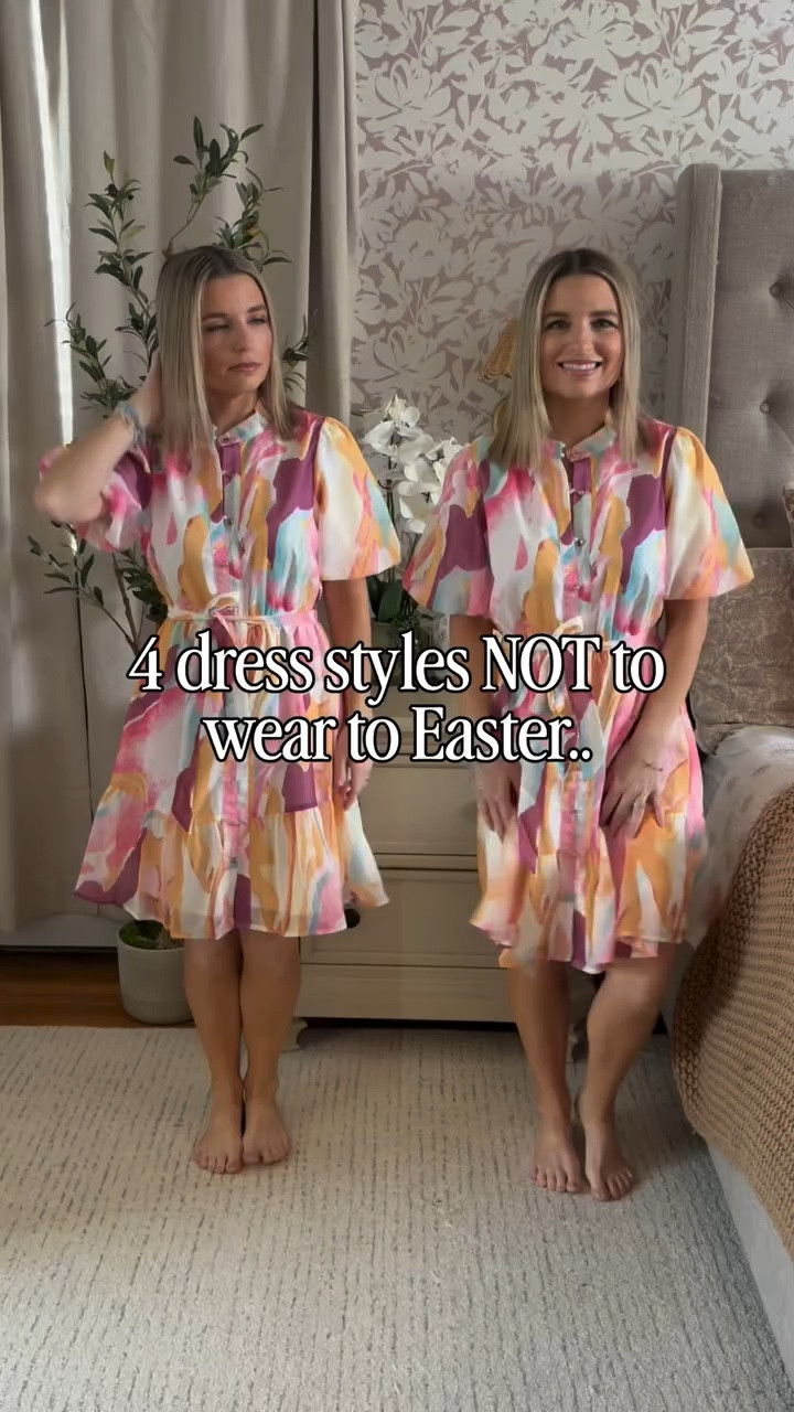 4 dress styles to AVOID for petites for Easter:
(Comment DRESS for a 🔗) 🐣 🐰 

🚫 1. Super Heavy or Dark Maxi Dresses 
Why to avoid: Full-length maxis—especially dark or heavy fabrics—can feel too formal or wintery for Easter. They can also overwhelm a petite frame.
Better option: Lightweight midi or knee-length dresses in soft florals or pastels. 

🚫 2. Oversized or Shapeless Dresses
Why to avoid: Baggy silhouettes hide your shape and can make petites look shorter or “swallowed” by fabric.
Better option: Fit-and-flare or wrap dresses that define your waist.

🚫 3. Loud, Oversized Prints
Why to avoid: Huge prints can overpower a petite frame and feel less refined for a soft spring holiday.
Better option: Smaller, delicate florals or subtle patterns.

🚫 4. Too Casual (T-Shirt or Bodycon Dresses)
Why to avoid: Easter usually calls for something slightly elevated (church, brunch, family photos). Super casual or tight bodycon styles can feel out of place.
Better option: Breezy chiffon, cotton, or wrap dresses with a polished feel.

#easterdress #petitetips #petitedress #petitehacks #styling styleinspo style petite whattowear GRWM spring dress family photo ootd springtime summertime