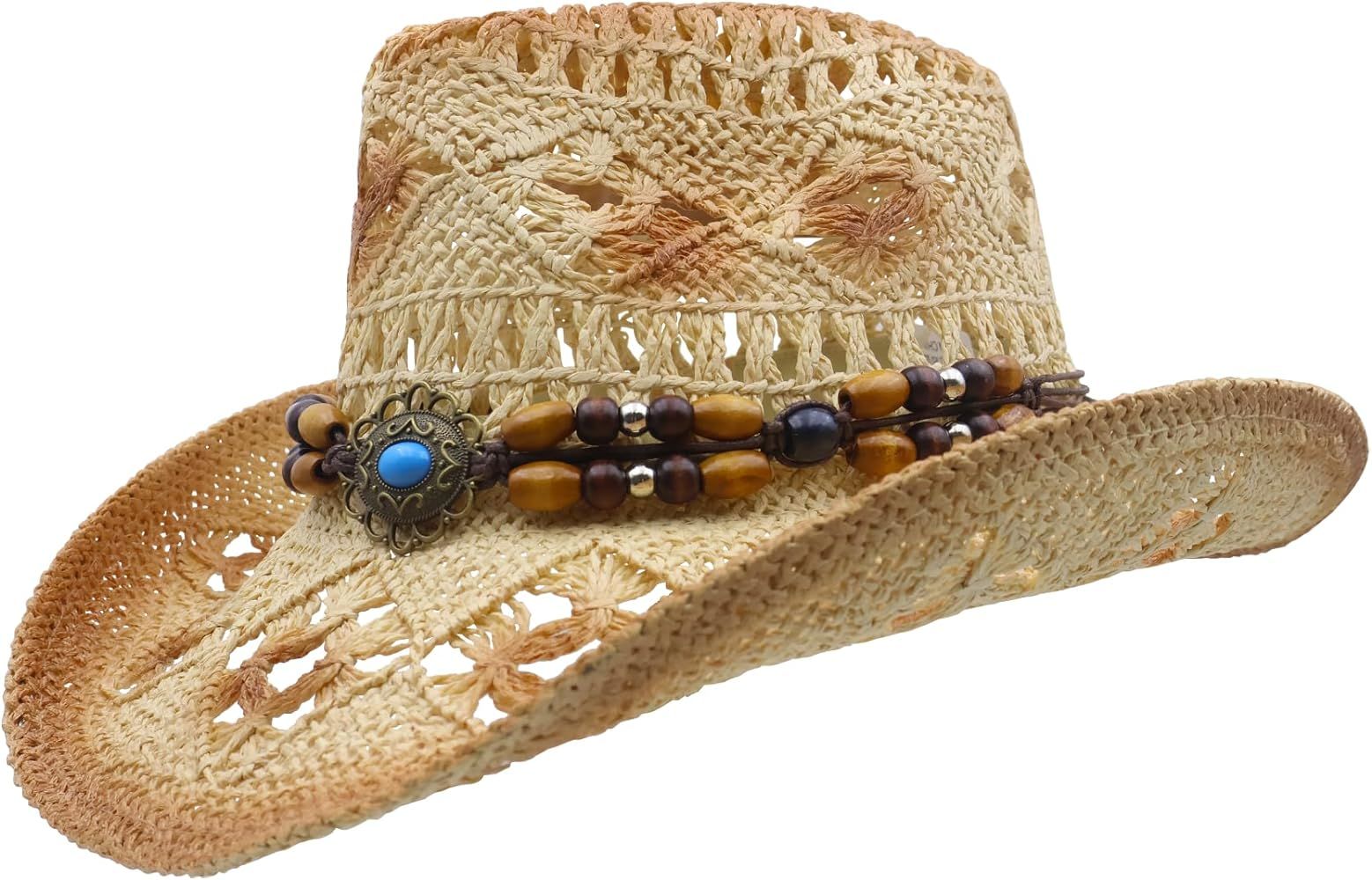 SAJUZEN Straw Cowboy Hat Men's Women's Classic Vintage Western Straw Cowgirl Hat Sun hat | Amazon (US)