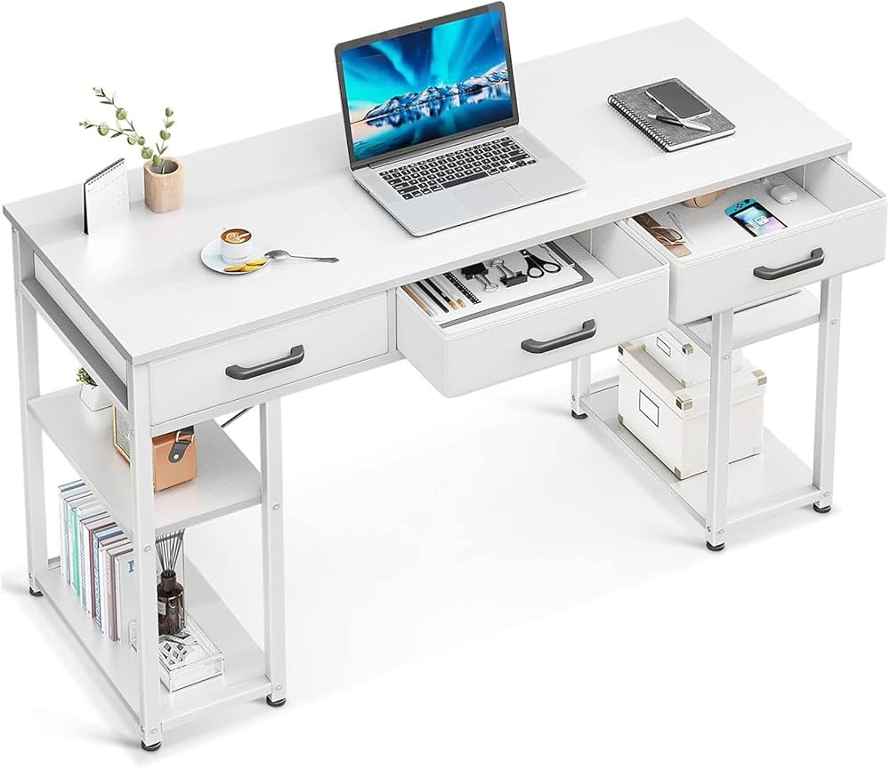 ODK Office Small Computer Desk: Home Table with Fabric Drawers & Storage Shelves, Modern Writing ... | Amazon (US)