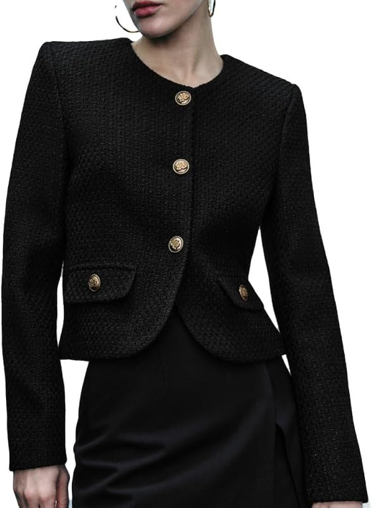 Women's Cropped Crew Neck Casual Tweed Blazer Elegant Slim Long Sleeve Jacket with Fake Pockets | Amazon (US)