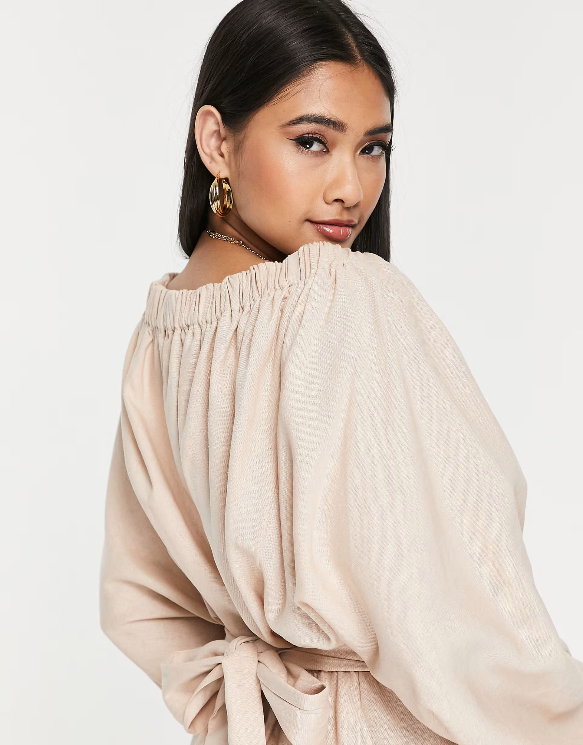 ASOS EDITION off shoulder linen wrap belted midi dress in stone | ASOS (Global)