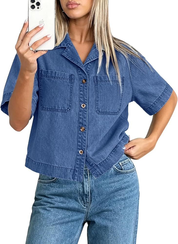 Womens Crop Denim Top Short Sleeve Denim Shirt Button Down Jean Top for Women Cropped Jean Shirts... | Amazon (US)