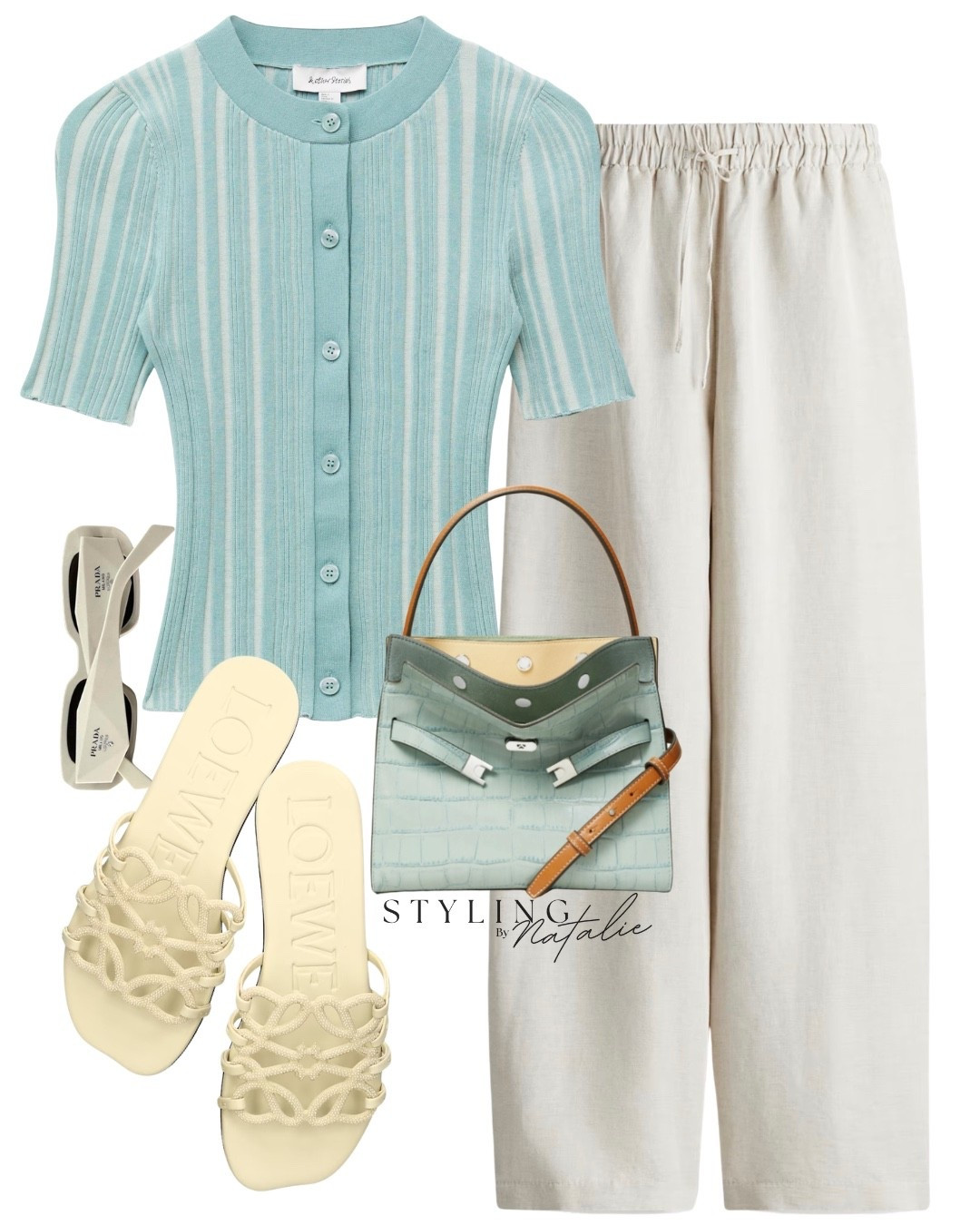 Comfy casual chic, everyday spring/summer look-Short sleeve rib knit cardigan, linen trousers, yellow Loewe slides, Tory Burch bag and Prada sunglasses. 

#LTKuk #LTKsummer #LTKspring