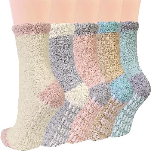 Loritta Womens Fuzzy Socks 5 Pairs, Winter Warm Soft Slipper Socks, Non Slip Grip Socks Cozy Slee... | Amazon (US)