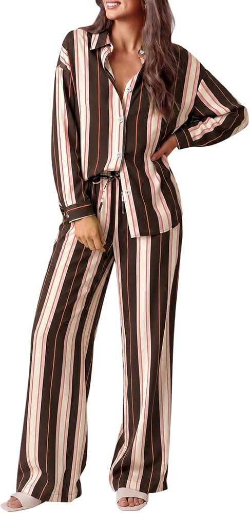 Tankaneo Womens Striped Pajama Sets Loose Fit Lounge Sets 2 Piece Outfits | Amazon (US)