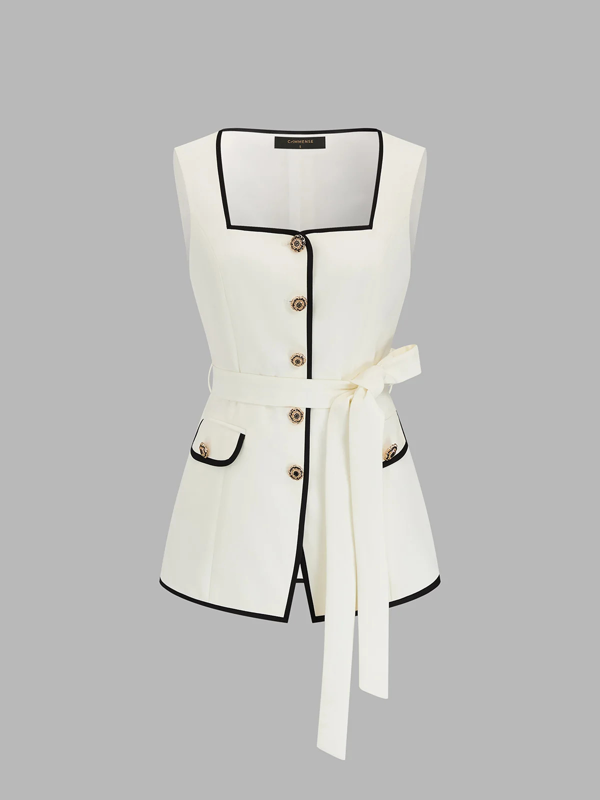 Square Neck Belted Contrast Trim Vest | Commense