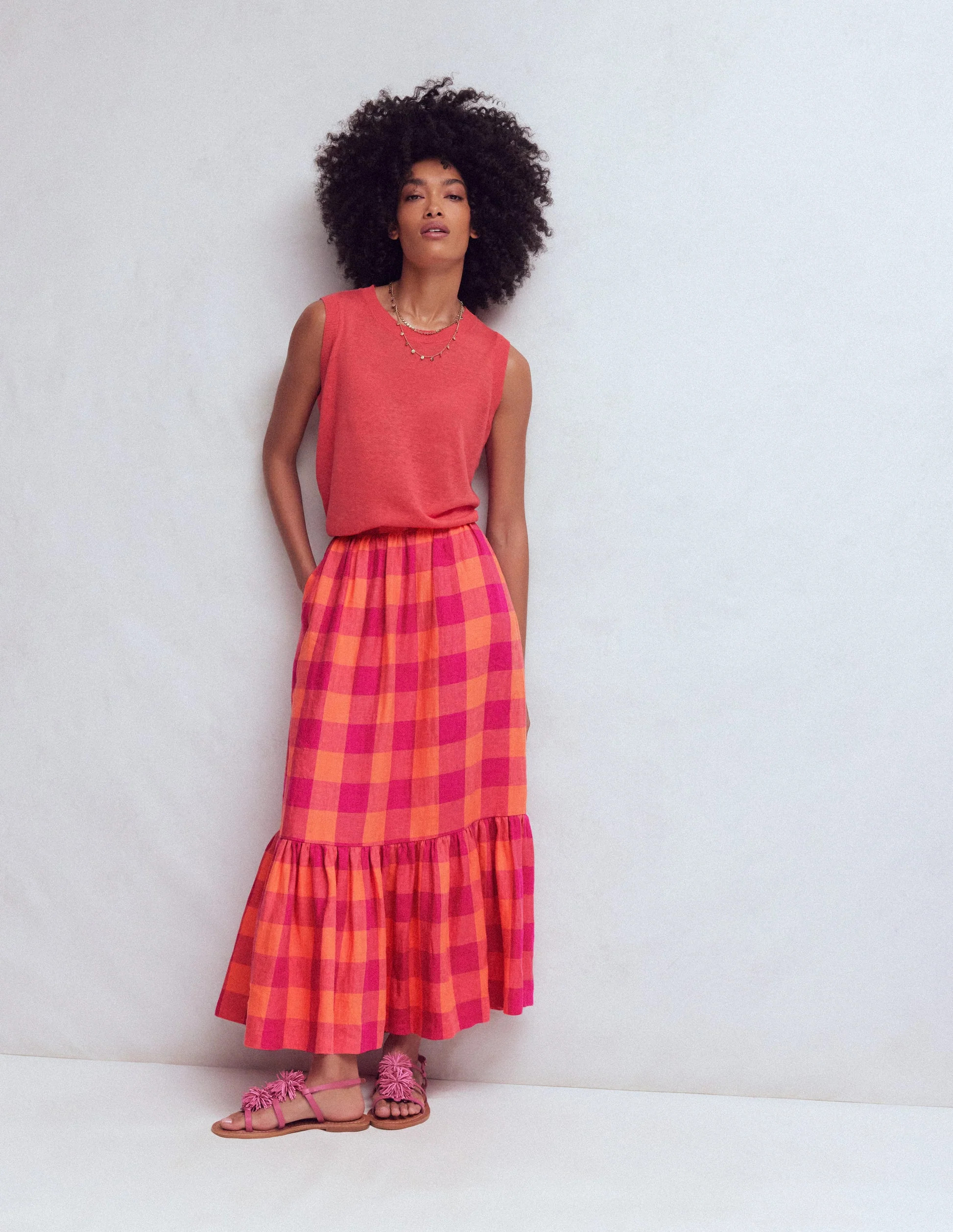 Abigail Linen Maxi Skirt-Zesty Orange, Pink Gingham | Boden (US)