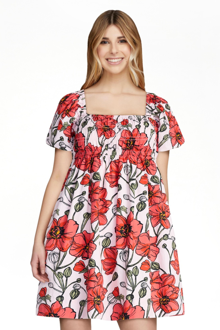 Free Assembly Women's and Women's Plus Smocked Cotton Peasant Mini Dress with Puff Sleeves, Sizes... | Walmart (US)