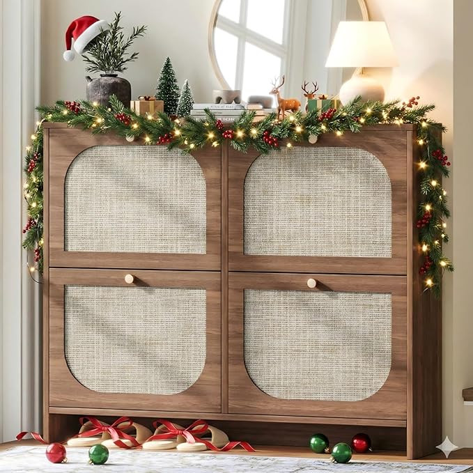 Nicetree Freestanding Ultra Slim Arched Rattan Accent Shoe Storage Cabinet for Entryway - 4 Flip ... | Amazon (US)