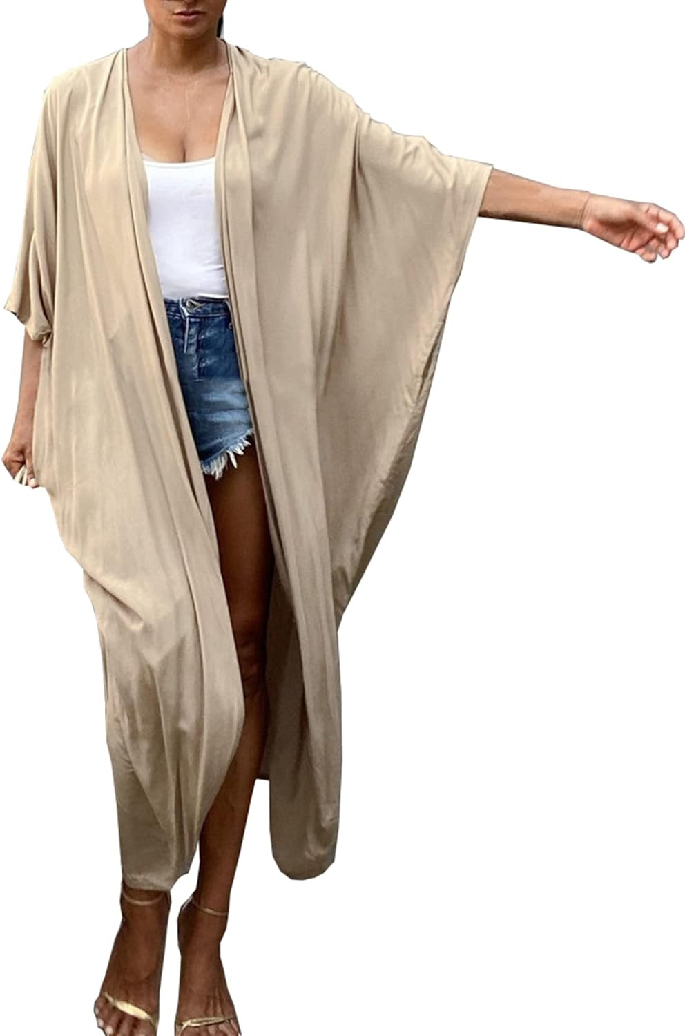 Chunoy Women's Solid Open Front Sleeveless Long Beach Cover Ups Kimono Cardigan | Amazon (US)