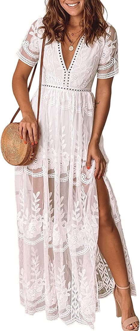 Eleter Women's Deep V-Neck Lace Romper Short Sleeve Long Dress | Amazon (US)