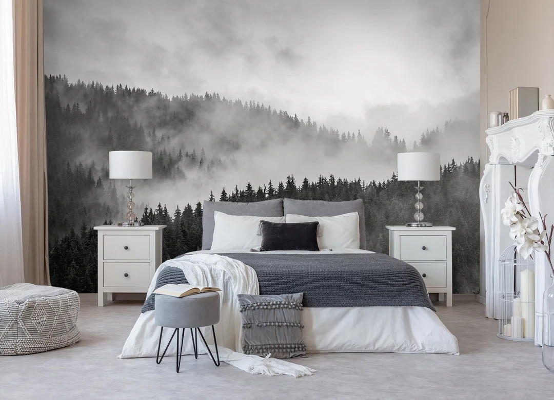 Foggy Mountains Retro Wallpaper, Peel and Stick Vintage Wallpaper, Black and White Photo Wallpape... | Etsy (Global)
