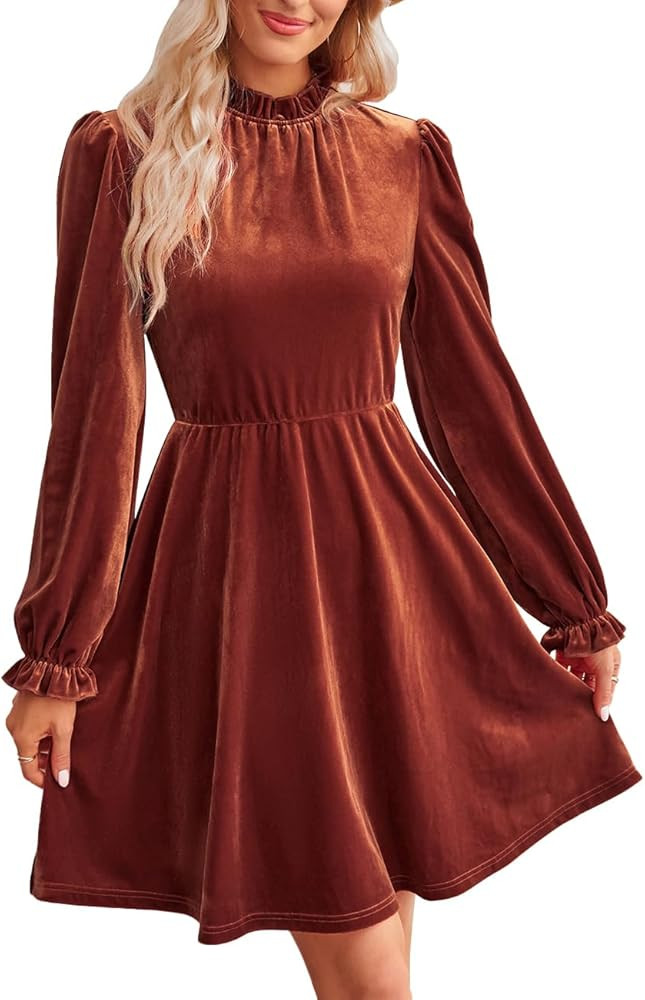 Womens Long Sleeve Elegant Velvet Bodycon Dress Round Neck Ruched Cocktail Sexy Party Midi Dress | Amazon (US)