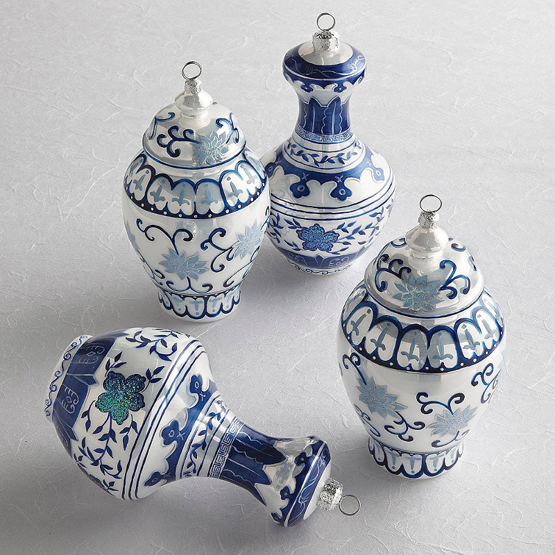 Set of 4 - Luxury Ornament Set - Frosted French Blue Ornament Collection Ming Large Jar Ornaments - Frontgate - Christmas DÃ©cor | Frontgate