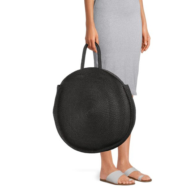 Time and Tru Women’s Circle Straw Tote Bag Black - Walmart.com | Walmart (US)
