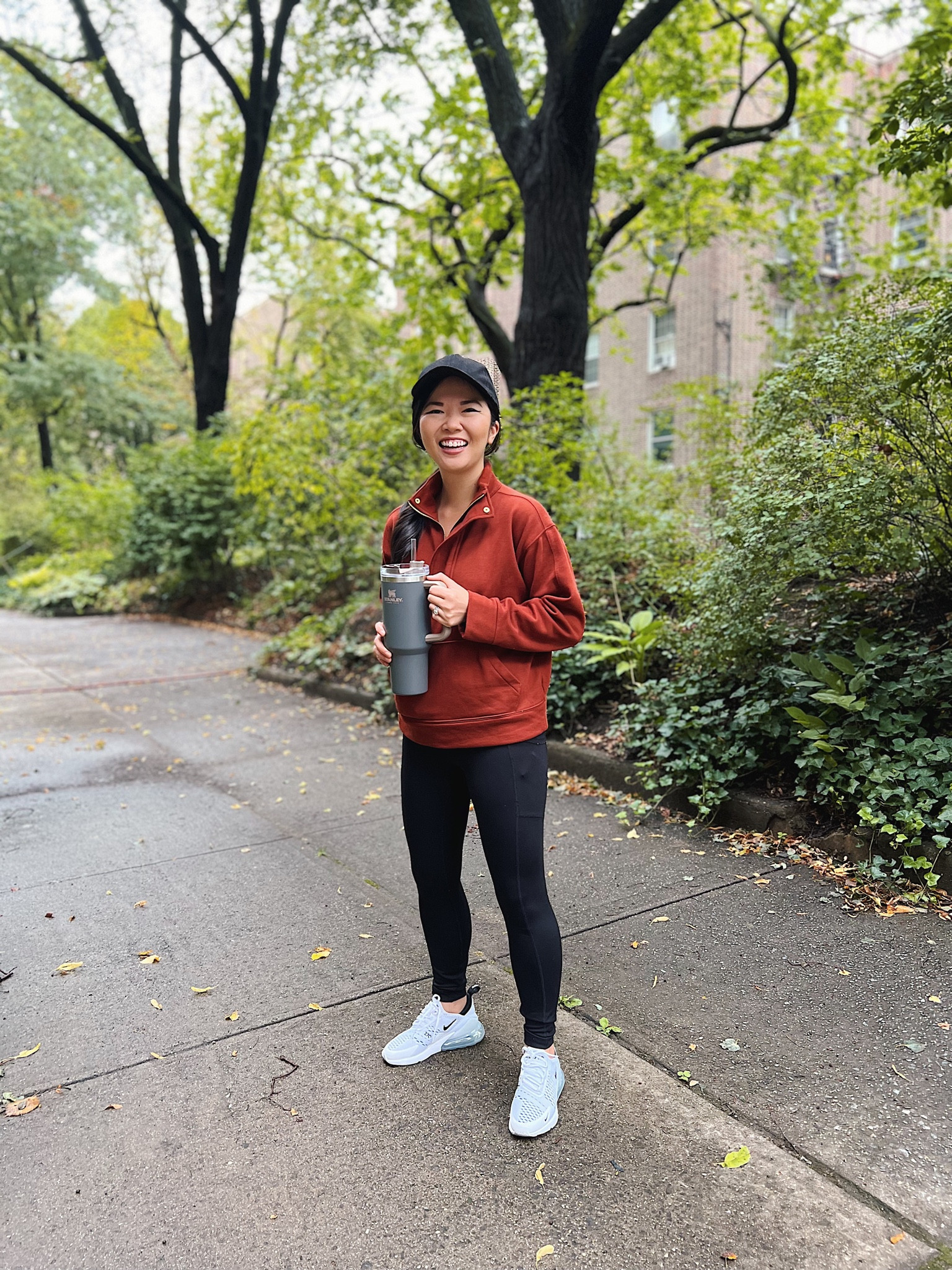 Athleisure outfit: black baseball cap, brown quarter zip (XS), black workout leggings, Nike AirMax 270 sneakers, Stanley Quencher tumbler.

#LTKstyletip #LTKunder50 #LTKfit