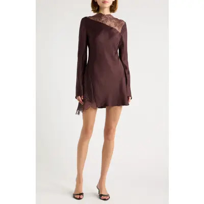 Shona Joy Allgra Asymmetric Lace Panel Charmeuse Minidress in Espresso at Nordstrom, Size 6 | Nordstrom