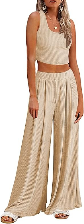Ekouaer Womens Lounge Set 2 Piece Pajama Sets Short Sleeve Outfit Sets Ribbed Crop Top Wide Leg P... | Amazon (US)