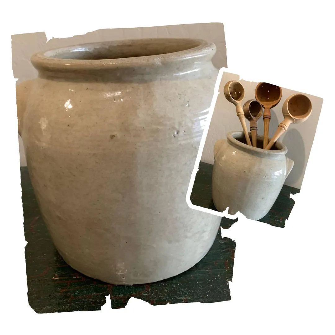 Large Vintage French Stoneware Confit Pot: Beige Glazed Pottery, 8.25" Tall - Etsy | Etsy (US)