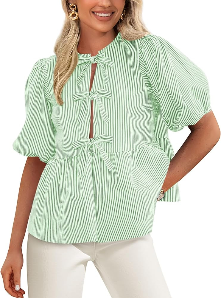 PRETTYGARDEN Women's Tie Front Striped Shirt 2025 Summer Trendy Fashion Cute Babydoll Tops Peplum... | Amazon (US)