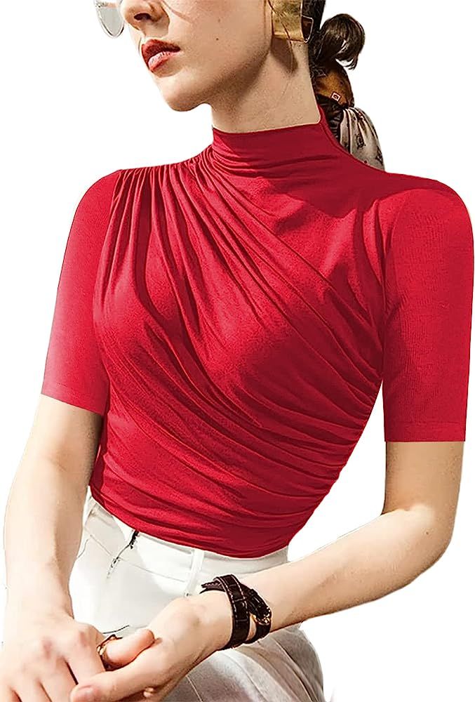Avanova Women's Mock Neck Slim Fit T-Shirts Short Sleeve Ruched Dressy Tops Casual Elegant Tee | Amazon (US)