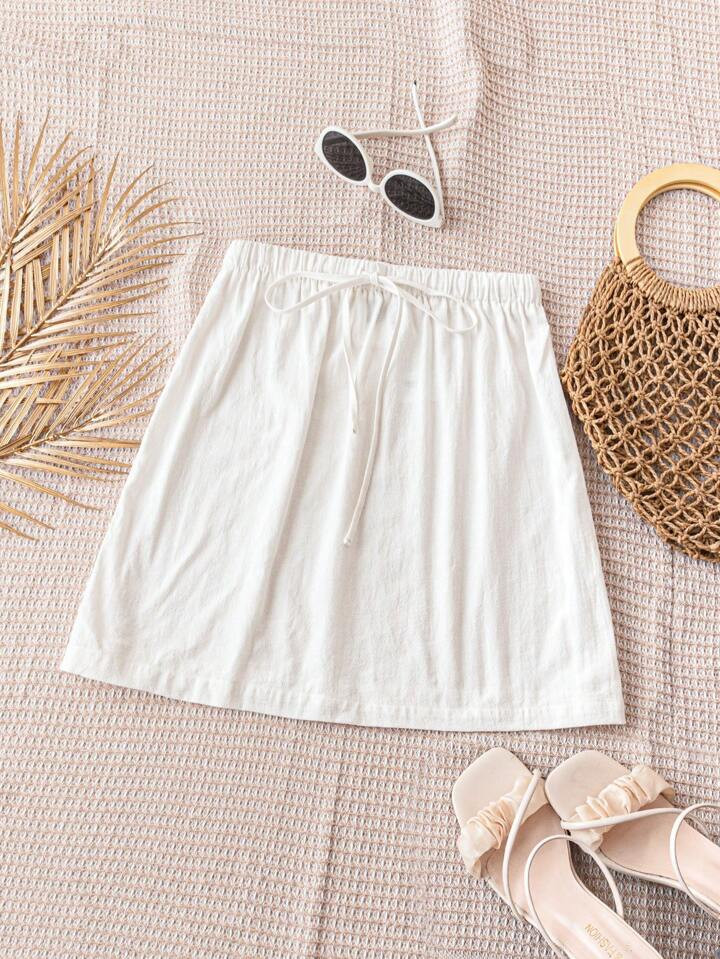 Soleia WYWH Women White Vacation Bodycon Skirt With Elastic Waistband And Ruffled Hem | SHEIN