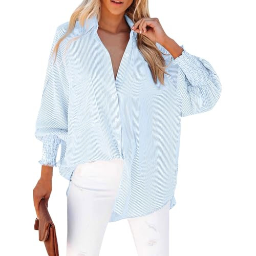 Womens Button Down Oversized Shirts Basic Oversized Blouses Fashion Clothes Trendy Casual Tops Blouses for Women Fashion Work Womens Button Up Shirts Long Sleeve Casual（Small，1-Light Blue） | Amazon (US)