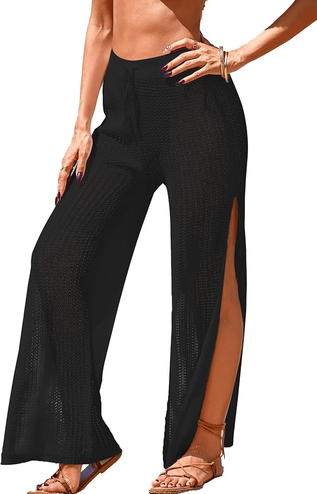 Womens Crochet Knit Elastic Waist Beach Coverup Pant Summer 2025 Side Slit Sheer Bathing Suit Cov... | Amazon (US)