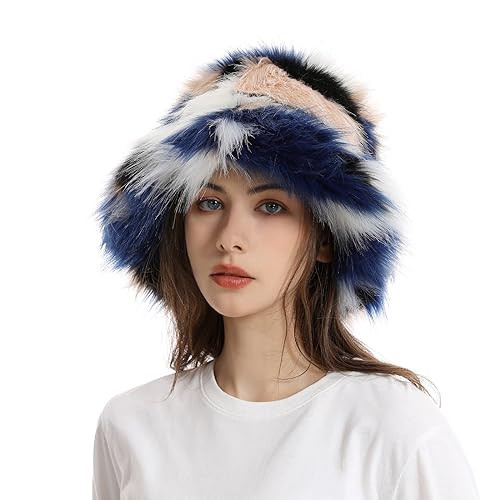 Colorful Fuzzy Faux Fur Bucket Hat, Men Women Furry Camo Party Halloween Christmas Party Night Club Bucket Hat Cloche Hats Windproof Warm Travel Driving Camping Fisherman Cap Headwear | Amazon (US)