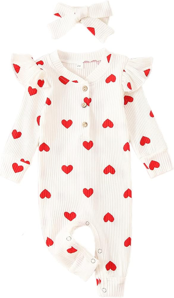My First Valentine's Day Baby Girl Romper Newborn Long Sleeve Heart Print Knitted Button Down Jum... | Amazon (US)