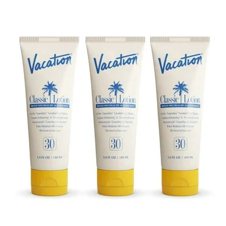 Vacation Classic Sunscreen Lotion SPF 30 3-Pack Water Resistant Broad Spectrum Sunscreen Sun Block Vegan Sun Tanning Lotion Body Lotion with SPF Travel Size Sunscreen 3.4 fl. Oz. (Pack of 3) | Walmart (US)