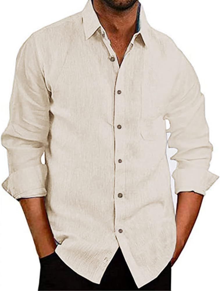 elselect Loose Button Up Shirt Plus Size Mens Long Sleeve Button Down Casual Shirts Summer Linen ... | Amazon (US)