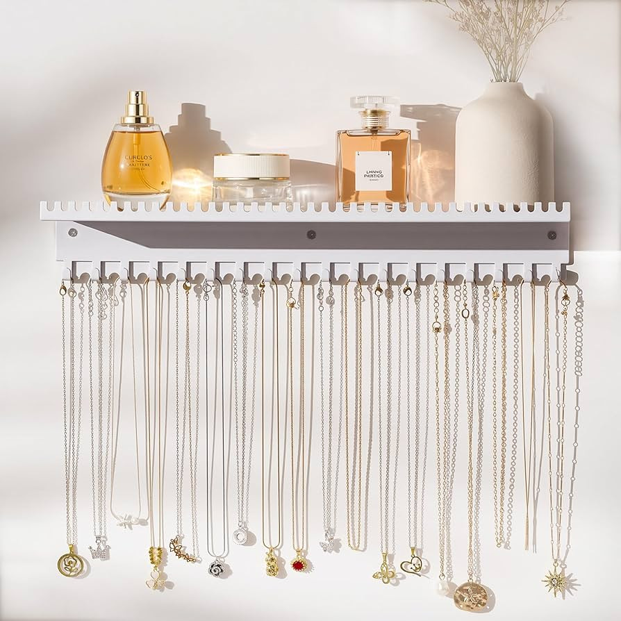Necklace Holder Wall Hanging Organizer: Wall Mounted Jewelry Shelf with 56 Hooks and Tray, Displa... | Amazon (US)
