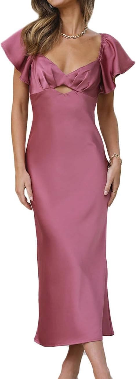 Summer Satin Flutter Sleeve Wedding Guest Dresses for Women Sweetheart Neckline Cutout Tie Back M... | Amazon (US)