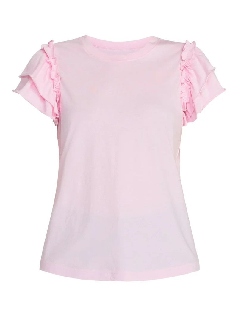 Time and Tru Women's Cotton Crewneck Tee with Ruffle Flutter Sleeves, Sizes XS-XXXL | Walmart (US)