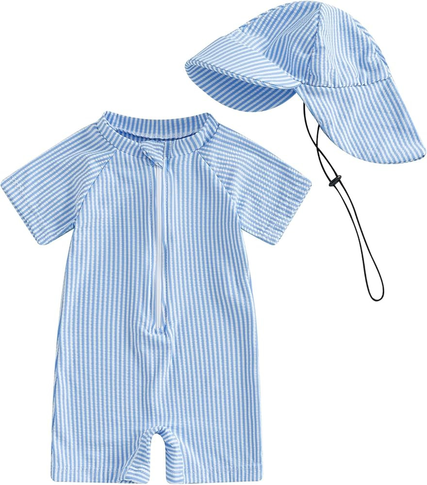 Toddler Baby Boys Seersucker Short Sleeve One Piece Rash Guard Swimsuit Zipper Bathing Suit Swimw... | Amazon (US)