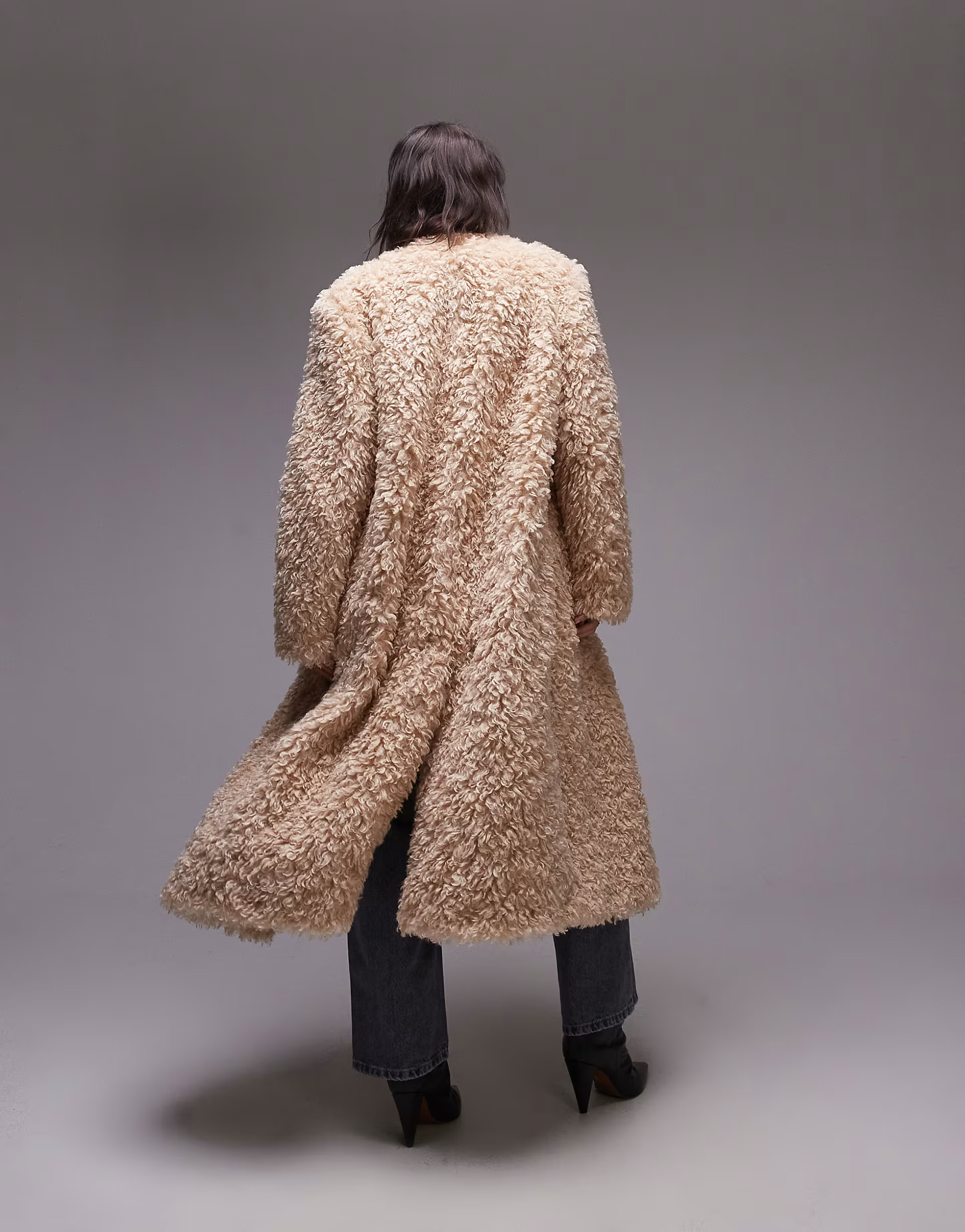 Topshop faux fur collarless long coat in honey | ASOS (Global)