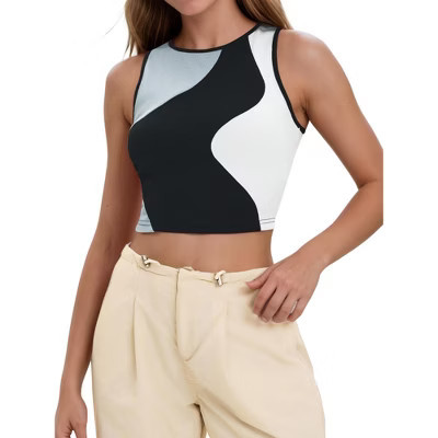 INSPIRE CHIC Women's Color Block Summer Crew Neck Ribbed Sleeveless Crop Going Out Tank Tops Black Gray X-Large | Target