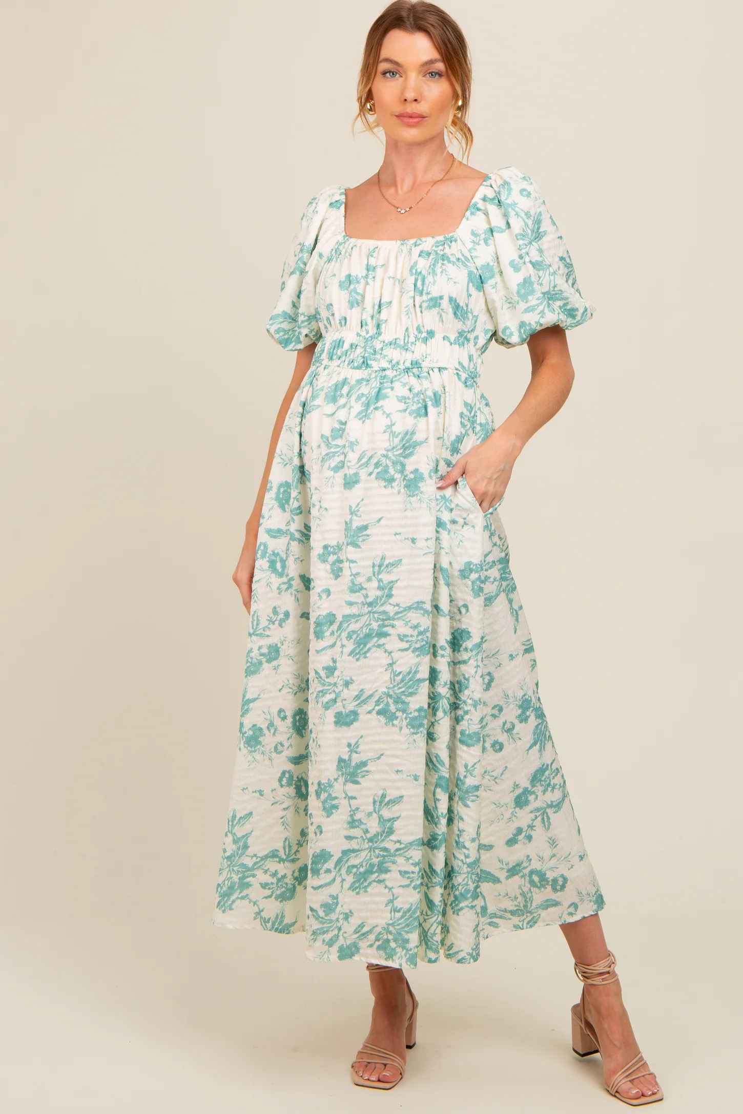 Teal Floral Puff Sleeve Maternity Midi Dress | PinkBlush Maternity