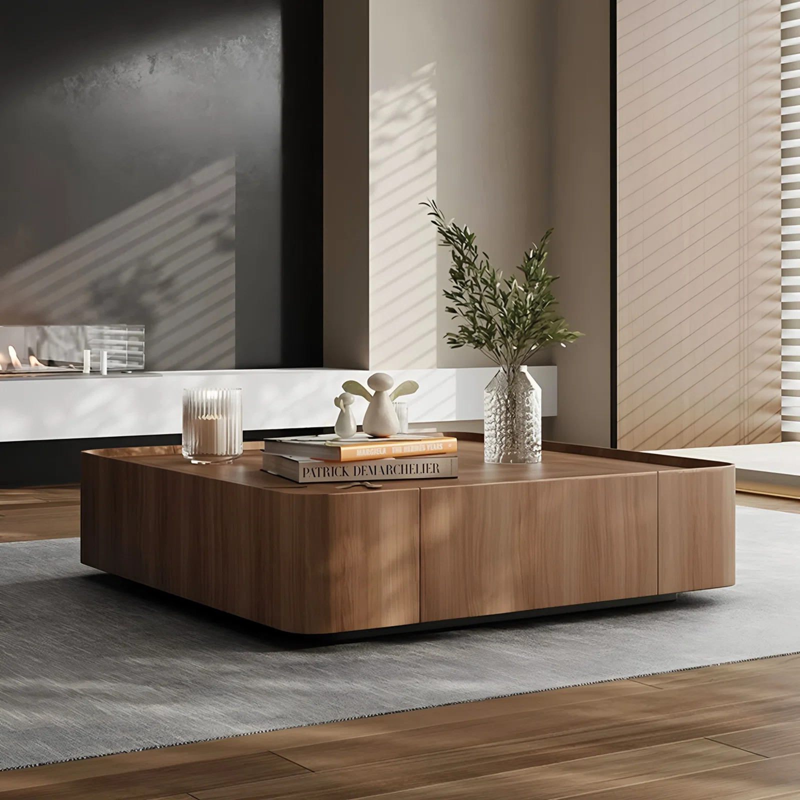 Modern Square Walnut Coffee Table with Storage Drawers & Black Stainless Steel Base | Wayfair North America