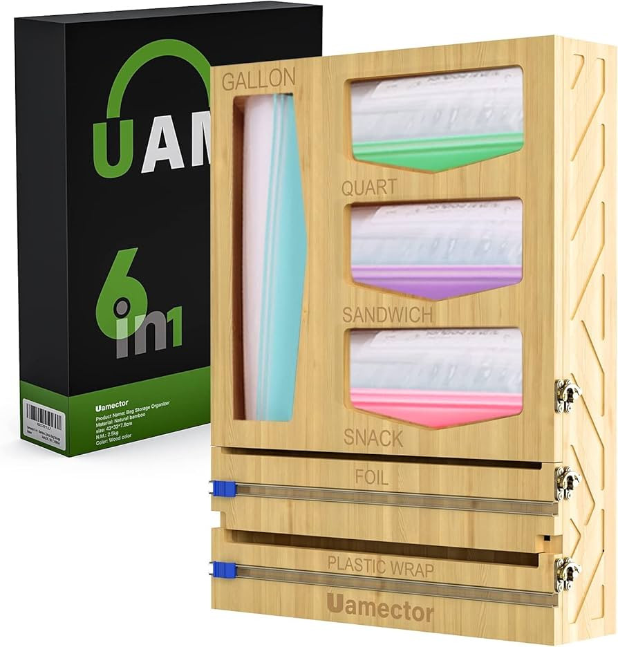 Bamboo Ziplock Bag Organizer and Plastic Wrap Dispenser with Cutter, 6 In 1 Foil and Plastic Wrap... | Amazon (US)