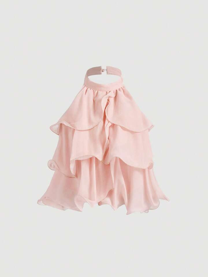 SHEIN MOD Pink Multi-Layered Ruffle Crop Top,Cute Tops,Tube Tops Women,Elegant Shape,Backless Top,New Years Top,Party Tops Women,Off The Shoulder Top,Women's Casual Front Button Wide Strap Minimalist Blouse For Everyday Wear,Vintage Outfits, Women Clothes, Look Valentine's Day,Rave Top | SHEIN
