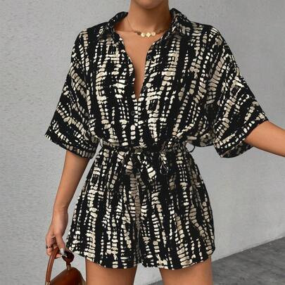 Printed Batwing Sleeve Tied Collar Jumpsuit For Women | SHEIN