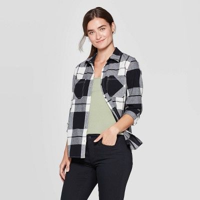 Women's Plaid Long Sleeve Cotton Flannel Shirt - Universal Thread™ Black/White | Target