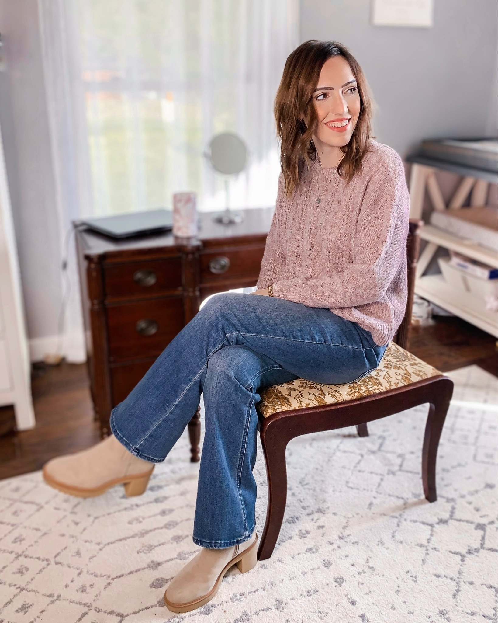 Old Navy • women’s sweaters • cable knit sweater • light purple sweater • old navy jeans • high waisted flare jeans • neutral boots • brown booties • platform booties • modest fashion • Christian blogger

#LTKsalealert #LTKSeasonal #LTKHoliday