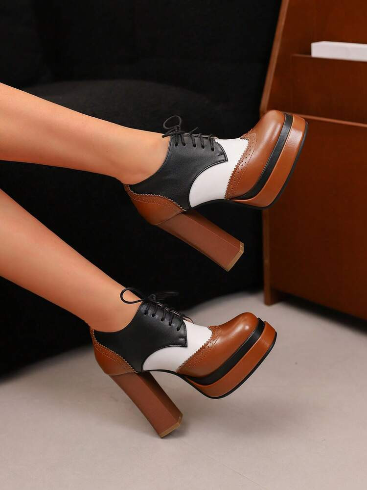 Women's Square Toe Lace-Up Brogue Pumps Fashion Block Chunky High Heels Mixed Colors Patchwork Br... | SHEIN